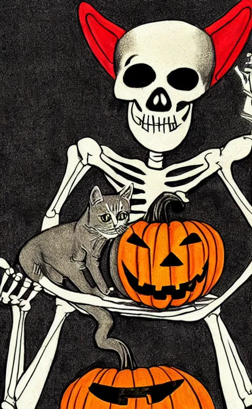 Prompt: a retro Halloween drawing of a skeleton with a cat head