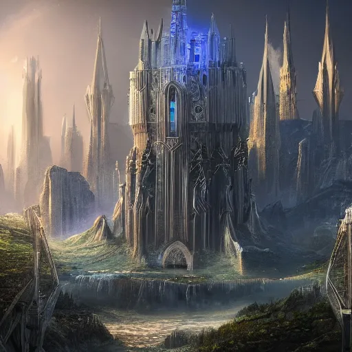 Image similar to beautiful illustration of a beautiful painted of the two towers, science fiction, 4 k detailed, crystal lighting, highly detailed, hyperrealistic, unreal engine