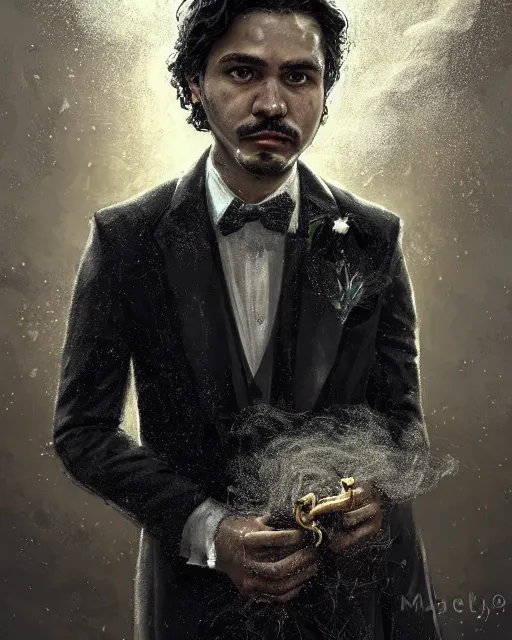 Image similar to a highly detailed portrait of carlos valdes radiating a powerful energy aura, ornate black tuxedo, no mustache, no beard, long hair, wispy tendrils of smoke, intricate, digital painting, old english, raining, sepia, particles floating, whimsical background by marc simonetti, artwork by liam wong