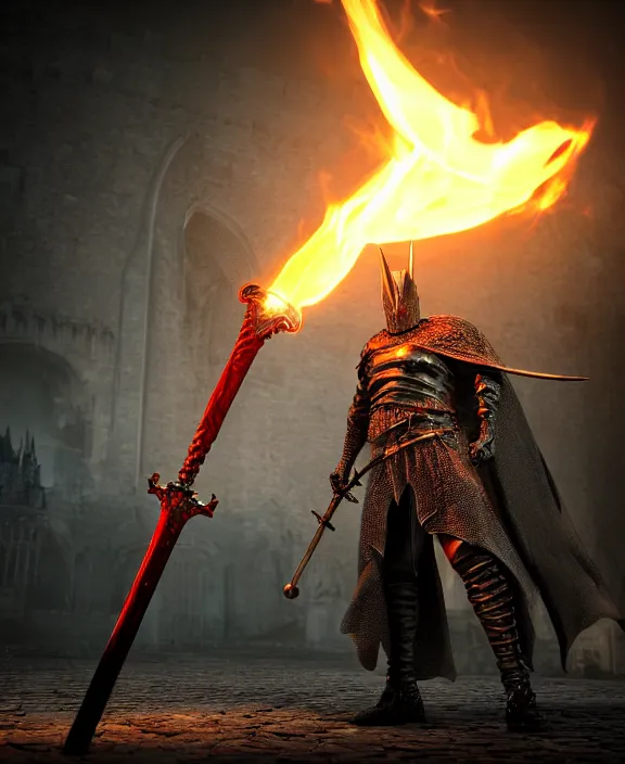 Image similar to anatomically correct dark souls knight with long sword on fire, dark night, castle on the background, wet surface, unreal engine 5, lumen technology, incredible detalization, film still, by alberto mielgo