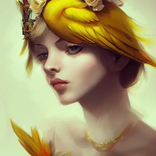 Prompt: an elegant yellow bird wearing a crown and a red bow tie in the style of Charlie Bowater, very very beautiful, high quality, detailed, 4k, digital art, artstation, smooth