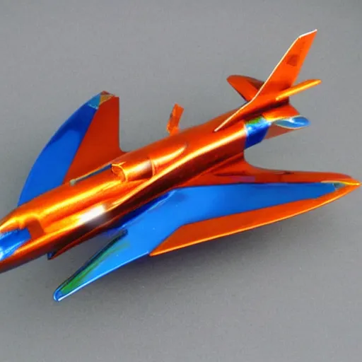 Image similar to Chrome fighter jet, blue and orange chrome, shiny, desert chrome, 19801980s airbrushed chrome