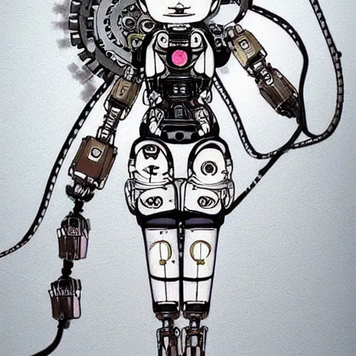 Image similar to Anime manga robot!! Anime girl tattoo, cyborg girl, exposed wires and gears, fully robotic!! girl, manga!! in the style of Junji Ito and Naoko Takeuchi, cute!! chibi!!! Schoolgirl