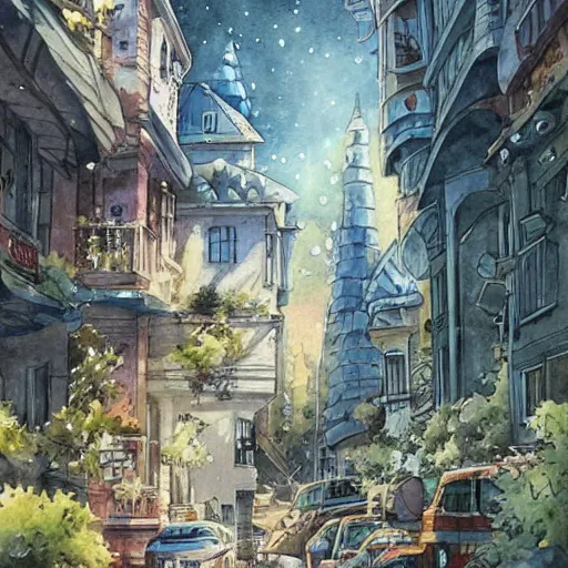 Image similar to Beautiful happy picturesque charming sci-fi city in harmony with nature. Nice colour scheme, soft warm colour. Beautiful detailed watercolor by Lurid. (2022)