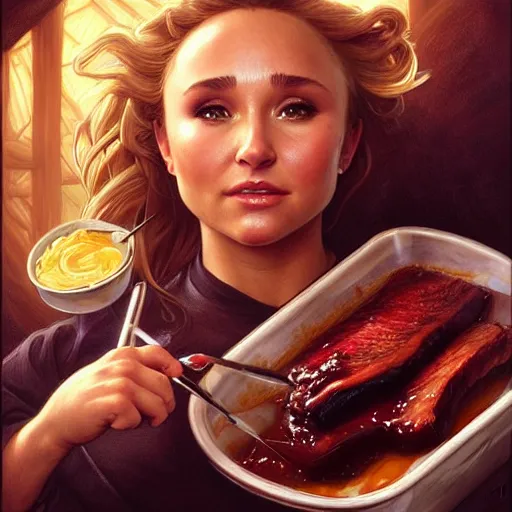 Prompt: Hayden Panettiere Eating BBQ Ribs, dripping BBQ Sauce, D&D, fantasy, intricate, elegant, highly detailed, digital painting, artstation, concept art, matte, sharp focus, illustration, hearthstone, art by Artgerm and Greg Rutkowski and Alphonse Mucha