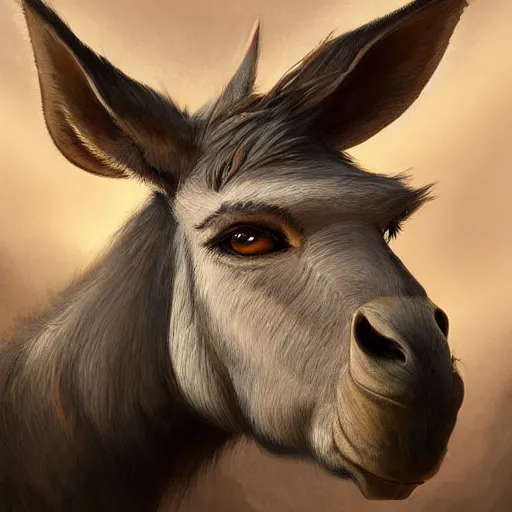 Prompt: 3/4 headshot of donkey, D&D, handsome, fantasy, intricate, long snout, donkey ears, fursona, black hair, elegant, highly detailed, digital painting, artstation, concept art, smooth, sharp focus, illustration, art by artgerm and greg rutkowski and alphonse mucha