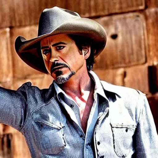 Image similar to robert downey jr as cowboy, an film still, cinematic