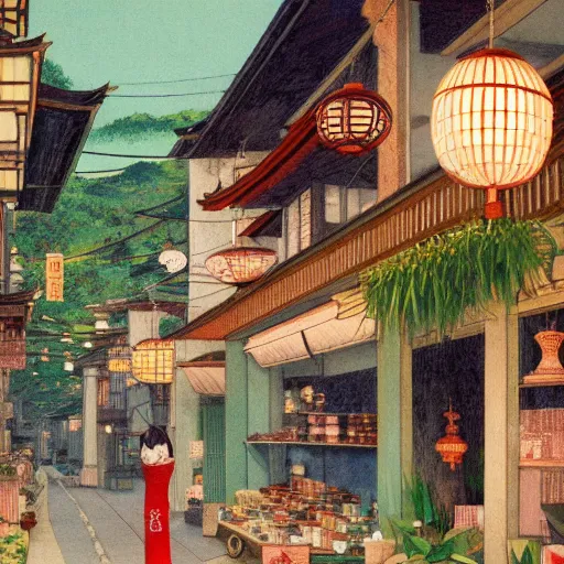 Prompt: japanese paper lantern shop on a fancy street in a japanese village during the day, lush plants, magic details, by moebius, edward hopper, james gilleard, and james jean, hd, 8 k, trending on artstation, uhd,