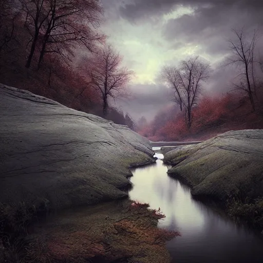 Image similar to painting of a beautiful river landscape by michal karcz., taken by a disposable camera | horror | nightmare