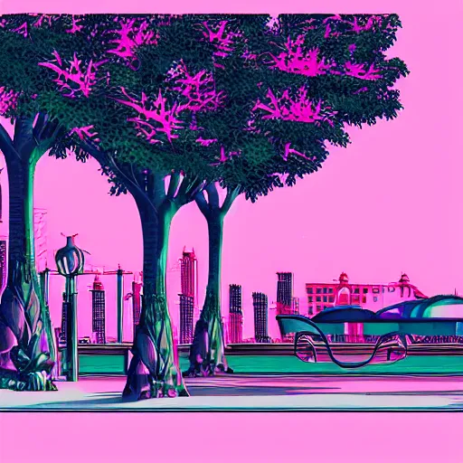 Prompt: art deco vaporwave illustration of a park with trees and benches, with a futuristic pink pastel city in the background