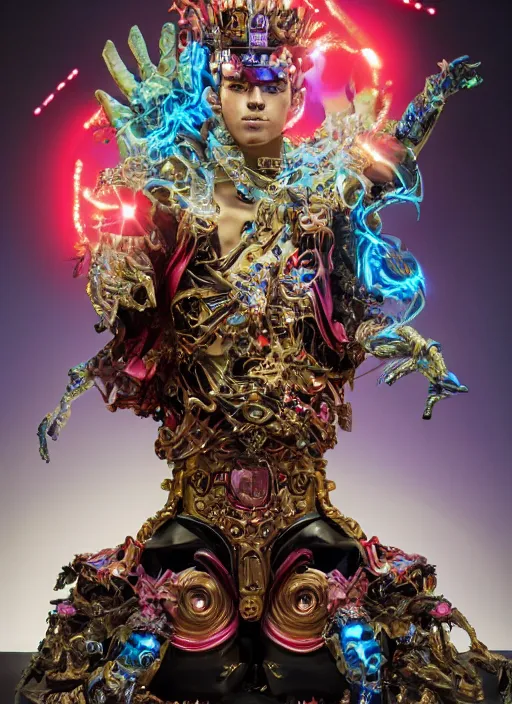 Image similar to baroque and cyberpunk style full-body sculpture of a young seductive Hispanic prince half android with a chest exposing a glowing ruby battery, glowing pink seductive laser eyes, crown of blue gears and diamonds, swirling salmon-colored silk fabric, robotic raptors dinosaurs. baroque elements. full-length view. intricate artwork by caravaggio. art by Artgerm and Greg Rutkowski and Alphonse Mucha, Trending on artstation, cinematic industrial lighting, photorealistic, octane render, 8k, depth of field, 3D