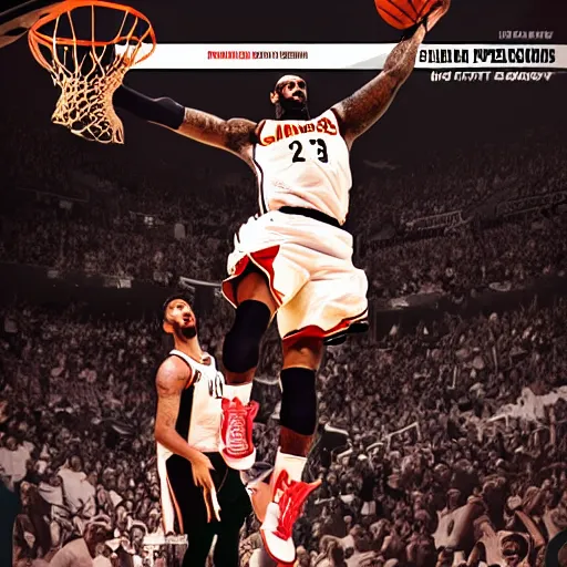 Image similar to a sports center sports action shot poster of lebron james dunking a basketball during a game, professional photography, cool poster design, photoshopped, epic, trending on artstation
