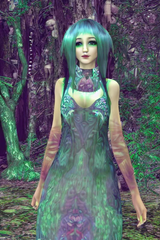 Prompt: cute female forest spirit wearing soft grunge floral cybernetic mughal valentino resort dress in a 3 d psx ps 2 jrpg style, esoteric scifi magical alien ruined cathedral sanctuary interior, fashion gameplay screenshot, highly detailed, bright