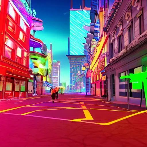 Image similar to A 3D render of a city disaster distopia of various people running around with vivd neon colors, building, street signs, explosions, with a lot of details and elements, 4k, surrealism Dalí