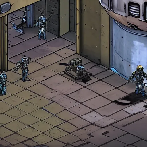 Image similar to fallout enclave fighter in power armor with a minigun in his hands stands next to the entrance to the fallout shelter, camera view isometric, post - apocalyptic,