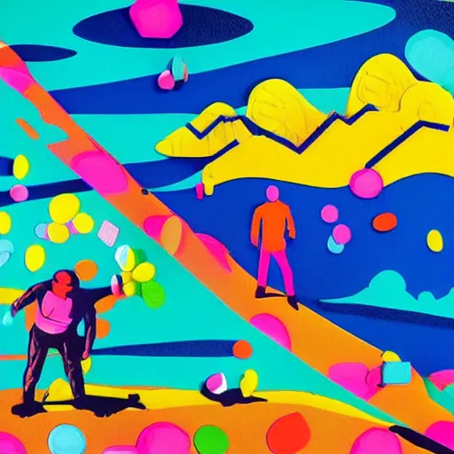 Prompt: hyperpop art of a bucolic landscape with two hikers shattering into millions of brightly coloured Smarties towards the heavens