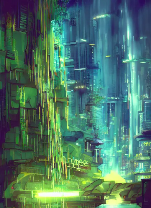 Prompt: A waterfall in the distance through a cyberpunk city, psychedelic, Luminism, surrealism, art by PiperFilthybong and kayoluha and ichiup_net and daito2141 and koakuma and okamikaikou and naohiro0887 and saigakai and reis94618 and vecot and toomo_illust and labn1k0 and konohoshi and start_furuike and anal_aki and oyariashito and _TKMK and hanamooekaki, pixiv, fanbox, skeb.jp, clipstudio, medibang, ichi-up, CGWORLD, key visual, manga cover