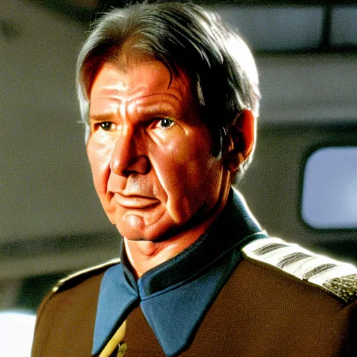 Prompt: A still of Harrison Ford as Commander Adama in Battlestar Galactica (2003), wearing a dark blue colonial uniform