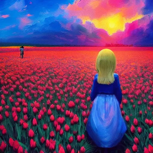 Image similar to girl with a giant tulip head, surreal photography, flower field, sunset dramatic light, impressionist painting, colorful clouds, blue sky, digital painting, artstation, simon stalenhag