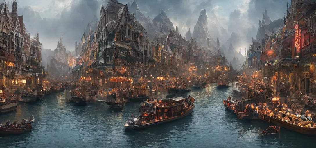 Prompt: cinematic, panorama, middle - earth marketplace canal with boats and dozens of people, sharp focus, wideshot ultrawide angle epic scale, dynamic dramatic ighting, shadows, cinematic atmosphere, artstation, hyperrealistic 3 d digital art, octane render, 8 k 4 k uhd image