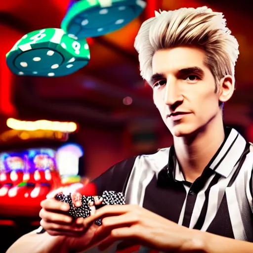 Image similar to film still of xqc gambling in Vegas, 4k, photorealism, artstation style