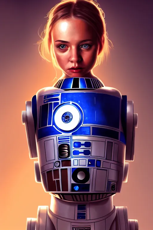 Image similar to a portrait of random girl as r 2 d 2 droid, humanization, humanized, grim - lighting, high - contrast, intricate, elegant, highly detailed, digital painting, artstation, concept art, smooth, sharp focus, illustration