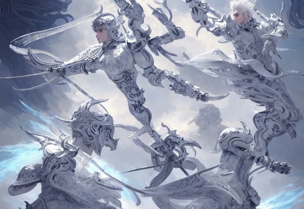 Prompt: white hair knights of zodiac gir, matt white ice color armor, are combat fighting each other with magical sci - fi weapon in ruined agora of athens sunrise, intricate and elegant, highly detailed, digital painting, artstation, concept art, smooth and sharp focus, illustration, art by tian zi and wlop and alphonse mucha