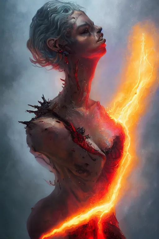 Image similar to torso closeup model wearing exploding lava dress, sorcerer, diamonds, angel, fantasy, dramatic lighting, highly detailed, digital painting, holding electricity, magic the gathering, hyper detailed, 3 d render, hyper realistic detailed portrait, peter mohrbacher, wlop, ruan jia