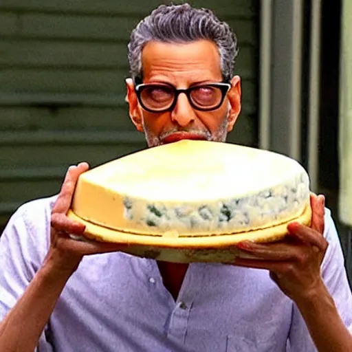 Image similar to jeff goldblum eating a large wheel of cheese,