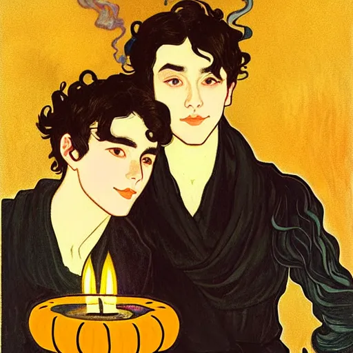 Image similar to painting of young cute handsome beautiful dark medium wavy hair man in his 2 0 s named shadow taehyung and cute handsome beautiful min - jun together at the halloween party, bubbling cauldron, candles, smoke, tarot, autumn colors, elegant, stylized, soft facial features, delicate facial features, art by alphonse mucha, vincent van gogh, egon schiele