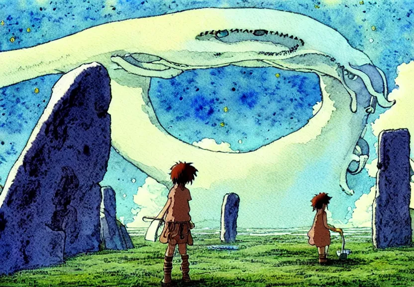 Prompt: a simple watercolor studio ghibli movie still fantasy concept art of stonehenge underwater. a giant squid from princess mononoke ( 1 9 9 7 ) is holding large stones. it is a misty starry night. by rebecca guay, michael kaluta, charles vess