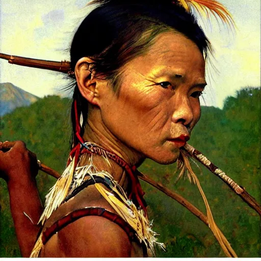 Image similar to high quality high detail painting by norman rockwell, hd, a skinny beautiful kayan female tribe leader, hair in wind, photorealistic lighting