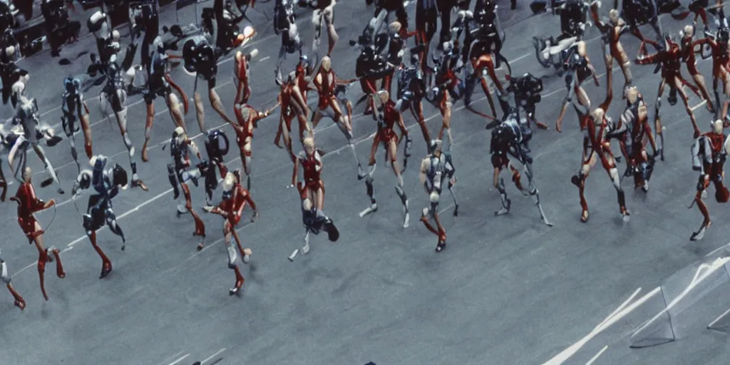 Image similar to The matrix, LeeLoo, Starship Troopers, Sprinters in a race, The Olympics footage with crowd cheering, cinematic stillframe, french new wave, The fifth element, vintage robotics, formula 1