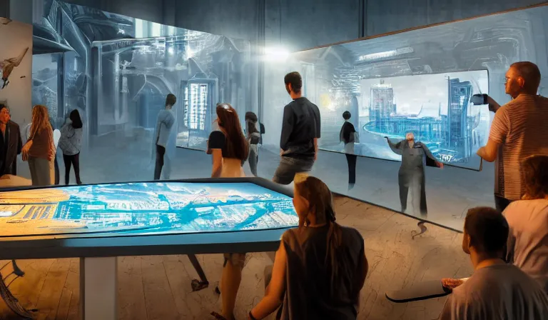 Image similar to group of people in bare walled museum, looking at hologram of futuristic city on a table, cinematic concept art, godrays, golden hour, natural sunlight, 4 k, clear details, tabletop model buildings, center model buildings, hologram center, crane shot, crane shot, crane shot