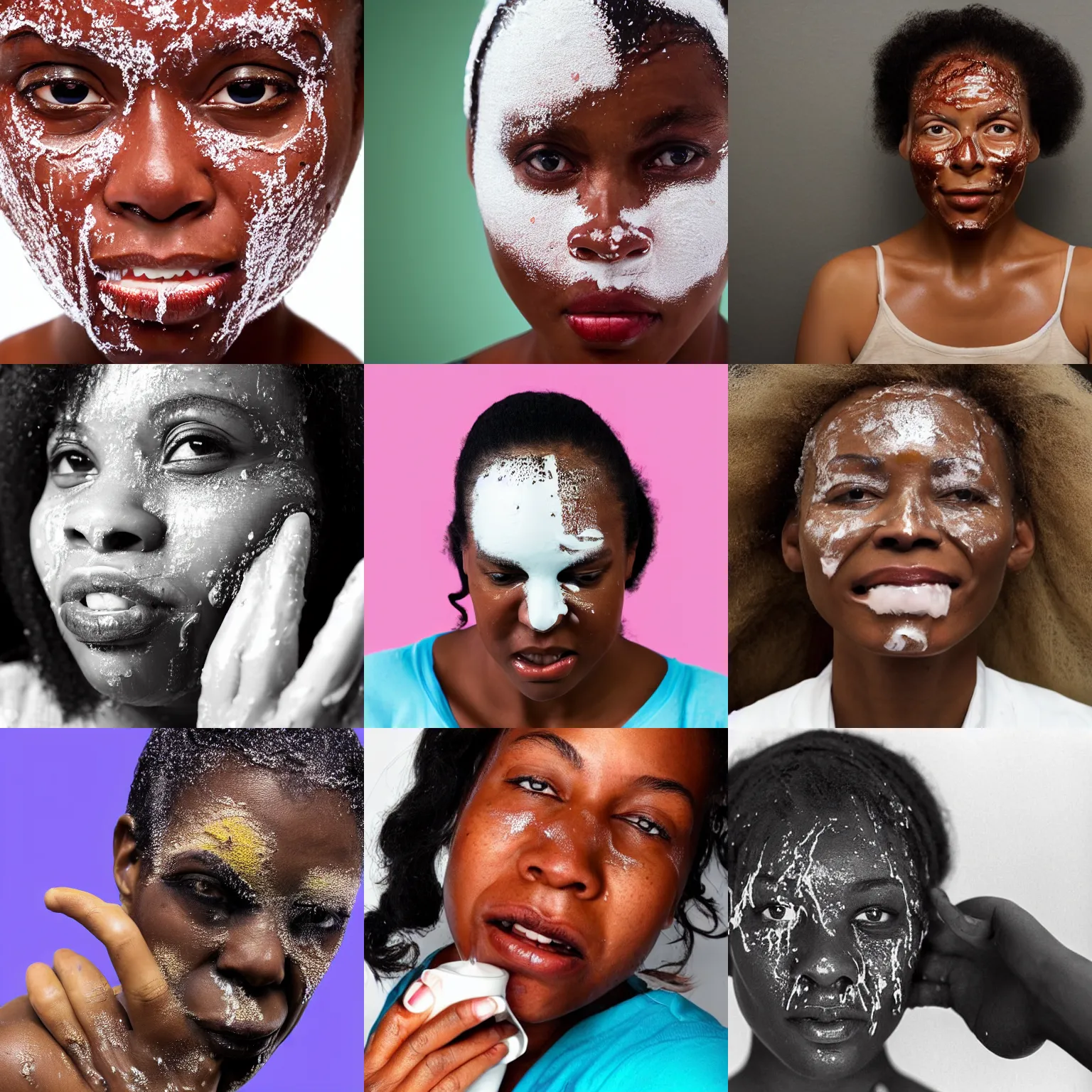 Prompt: a african american woman, with a white, sticky liquid that has a jelly - like texture that is dripping off of her face. viscous, her face is coated in a white, sticky liquid that has a jelly - like texture. photograph, 2 0 2 2