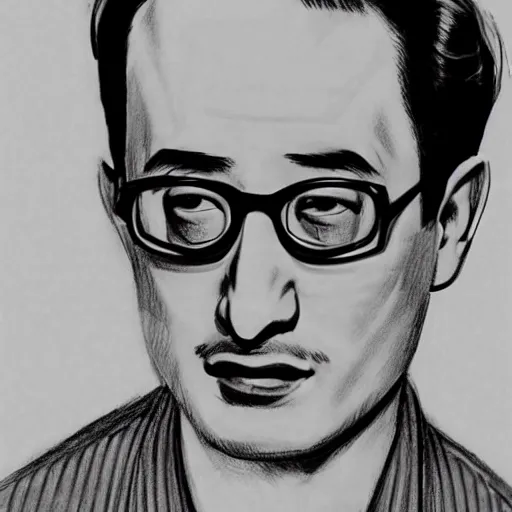 Image similar to A 1950s Style Comic-Like Drawing of Filthy Frank, grainy, realistic, hyperrealistic, very realistic, very very realistic, highly detailed, very detailed, extremely detailed, detailed, digital art, trending on artstation, detailed face, very detailed face, very detailed face, realism, HD Quality, 8k resolution, intricate details, body and head in frame, drawing, inked drawing, comic drawing, neat drawing, 1950s, 50s, in the style of Frank Hampson, in the style of Frank Bellamy, in the style of Dave Gibbons, in the style of Don Lawrence, in the style of Wally Wood