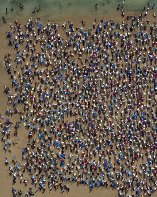 Prompt: drone photograph of the gigantic muscular body of gulliver, a young man from the early 1 7 th century, lies unconscious on a lilliputian beach, surrounded by thousands of tiny lilliputians wearing strange clothes. gulliver is dressed in early 1 7 th century male clothing designed in the style of sandy powell. hyperreal and cinematic, photorealistic, gulliver ’ s travels
