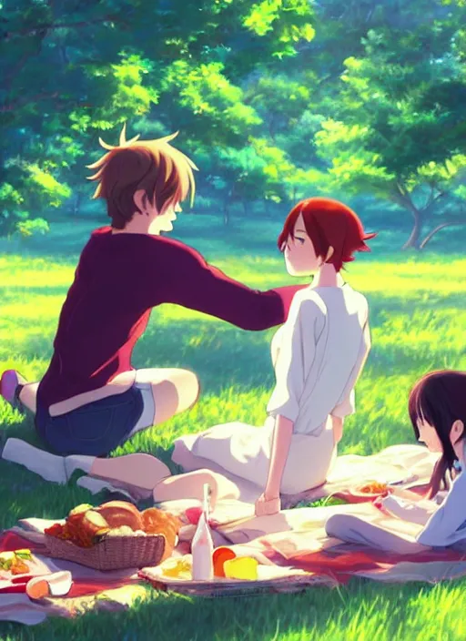 Prompt: beautiful anime painting of a emma stone having a picnic with tom holland, by makoto shinkai, kimi no na wa, artstation, atmospheric, high detail