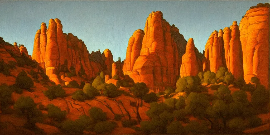 Image similar to sedona's cathedral rock bluff, oil painting, twilight, intricate lines, elegant, extreme detail, sharp focus, art by vermeer and edward church
