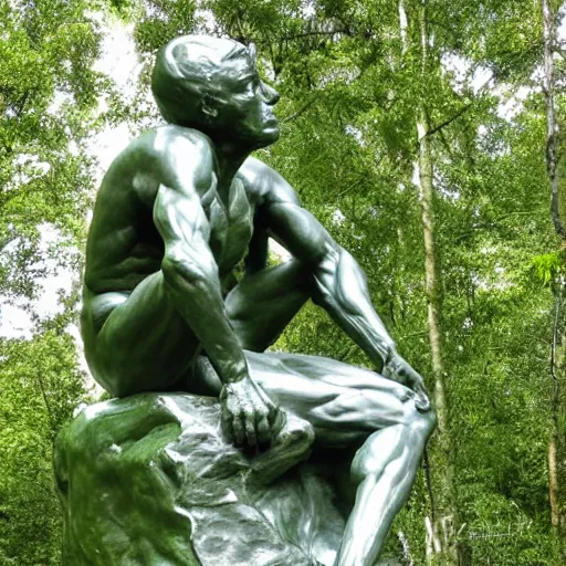 Image similar to The thinker sculpture by auguste rodin mushrooms at the base , placed in a lush forest, sketch, William Bartram