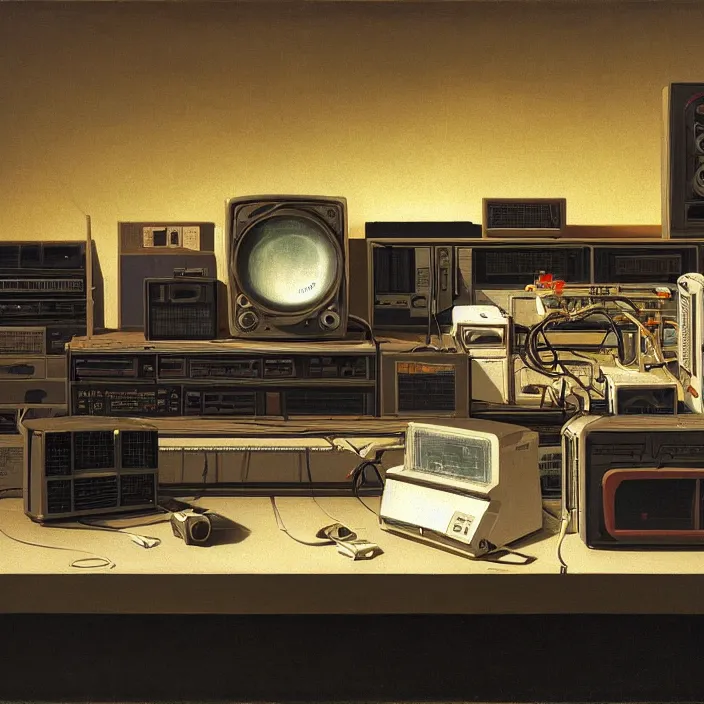 Image similar to still life painting of a retro electronics supercomputer workstation by pieter claesz, oil on canvas, blade runner vibes, syd mead concept art, strong lighting, highly detailed, hyper realism, golden hour, god rays, hd, 4 k