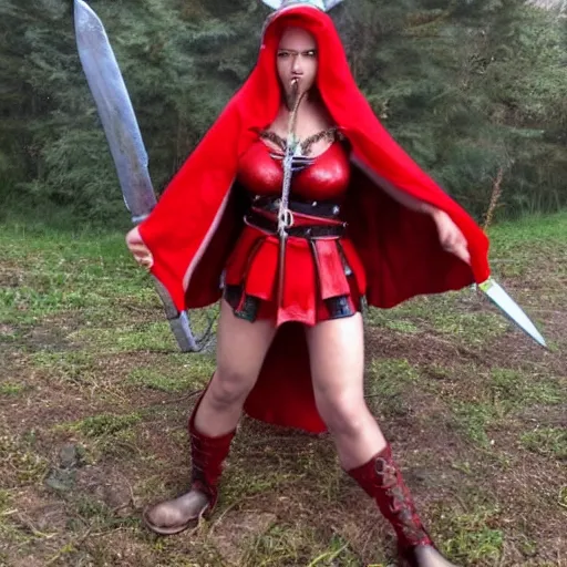 Image similar to long shot photo of a red riding hood valkyrie warrior