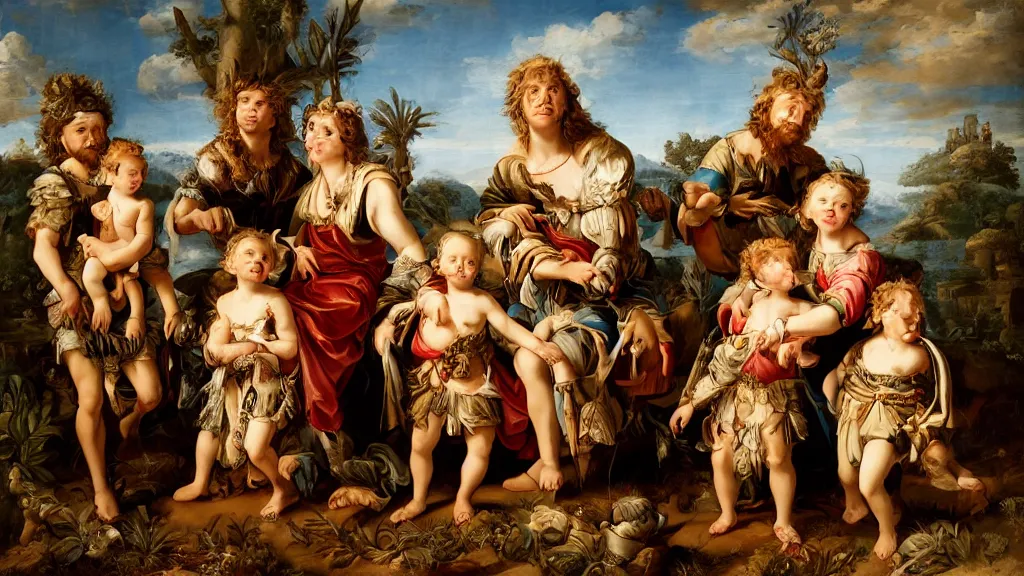 Image similar to a cute neanderthal family dressed in baroque, italian renaissance