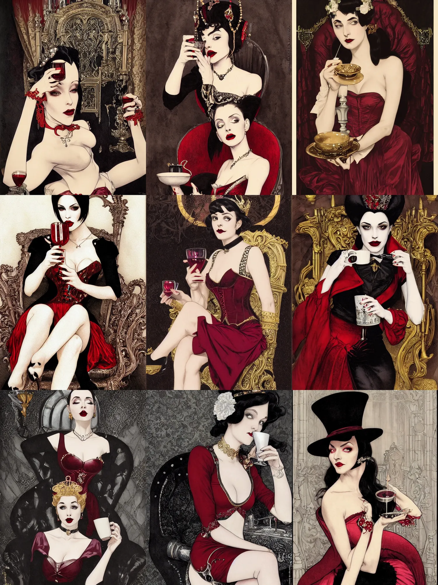 Prompt: portrait of the queen of vampires drinking a cup of wine in her throne room, crimson victorian dress, golden corset, small top hat, pale skin, black lipstick, black eyes, bob haircut, dnd, high fantasy, highly detailed, detailed face, grayscale, black and white manga illustration, by artgerm, greg rutkowski, alphonse mucha