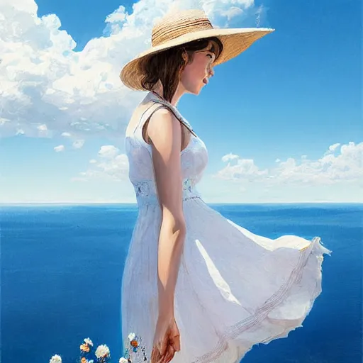 Prompt: girl in a white dress wearing sun straw hat looking at the bright blue sky with white sunny clouds digital art, highly detailed, intricate, by greg rutkowski, 8 k