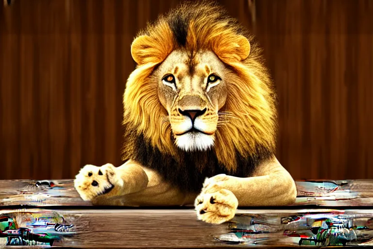 Image similar to Lion on a wooden table, cinematic, wide angle, concept art