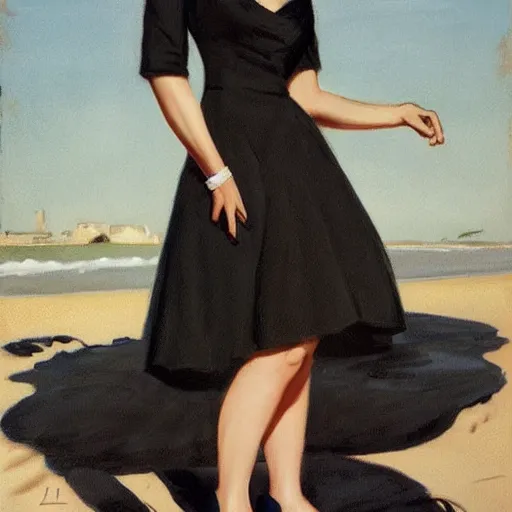 Prompt: woman in black dress, in the middle of the beach, pretty face, black shoes, leyendecker style