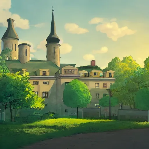 Image similar to Université Pierre et Marie Curie, Paris VI, in the style of studio ghibli, beautiful landscape, intense lighting, 8k, trending on artstation