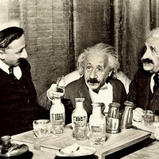 Prompt: albert einstein drinking rakia with his friends