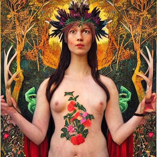 Image similar to queen of the forest wearing an antler crown, by Annie Swynnerton and Nicholas Roerich and (((Tino Rodriguez))), embroidered robes, floral tattoos, bioluminescent skin!, elaborate costume, geometric ornament, symbolist, soft colors, dramatic lighting, smooth, sharp focus, extremely detailed